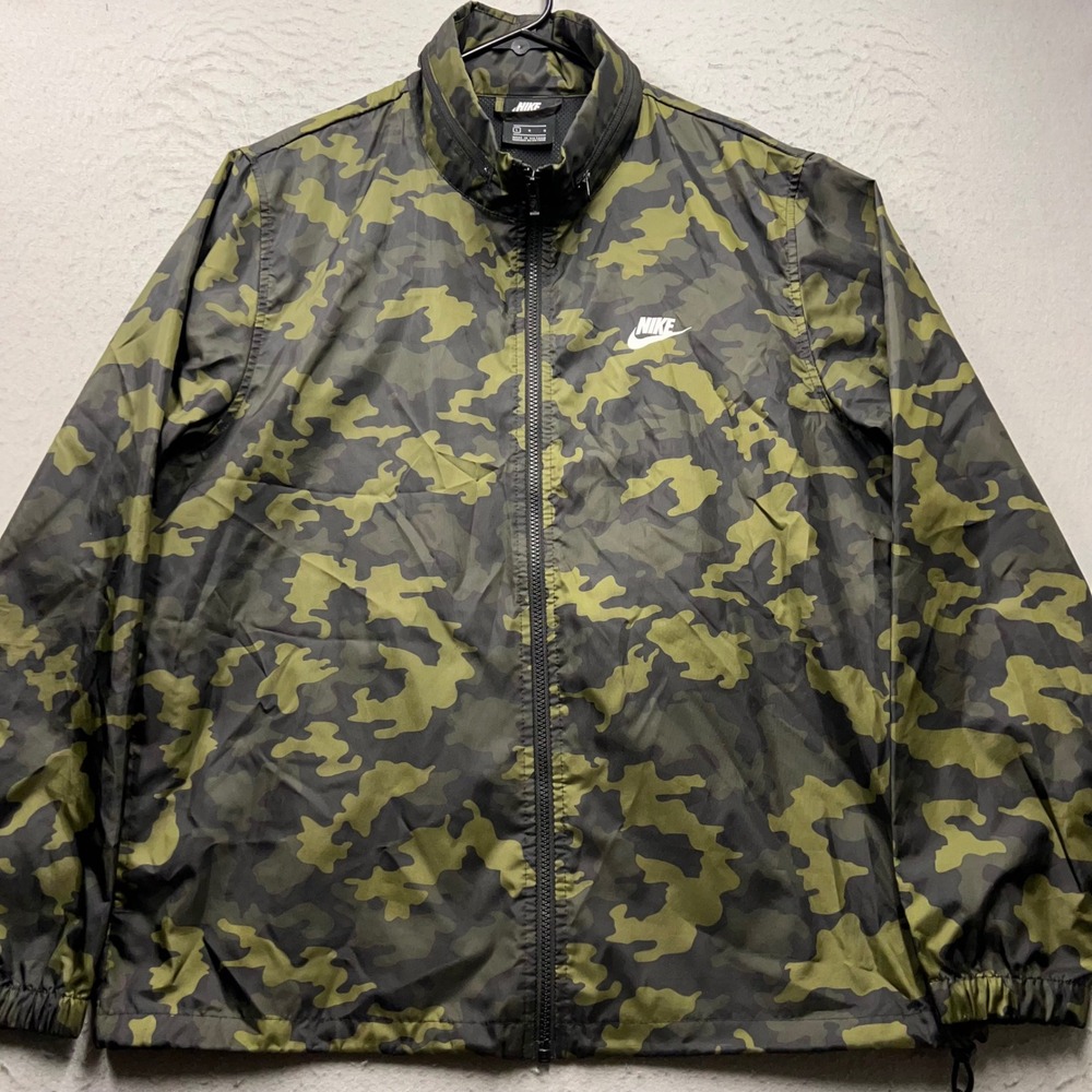 Nike Mens Camo Windbreaker Jacket Green Camouflage Full Zip Hooded Large 2526